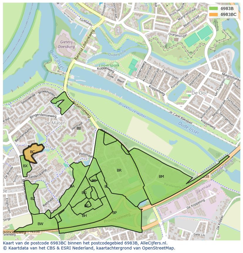 Afbeelding van het postcodegebied 6983 BC op de kaart.