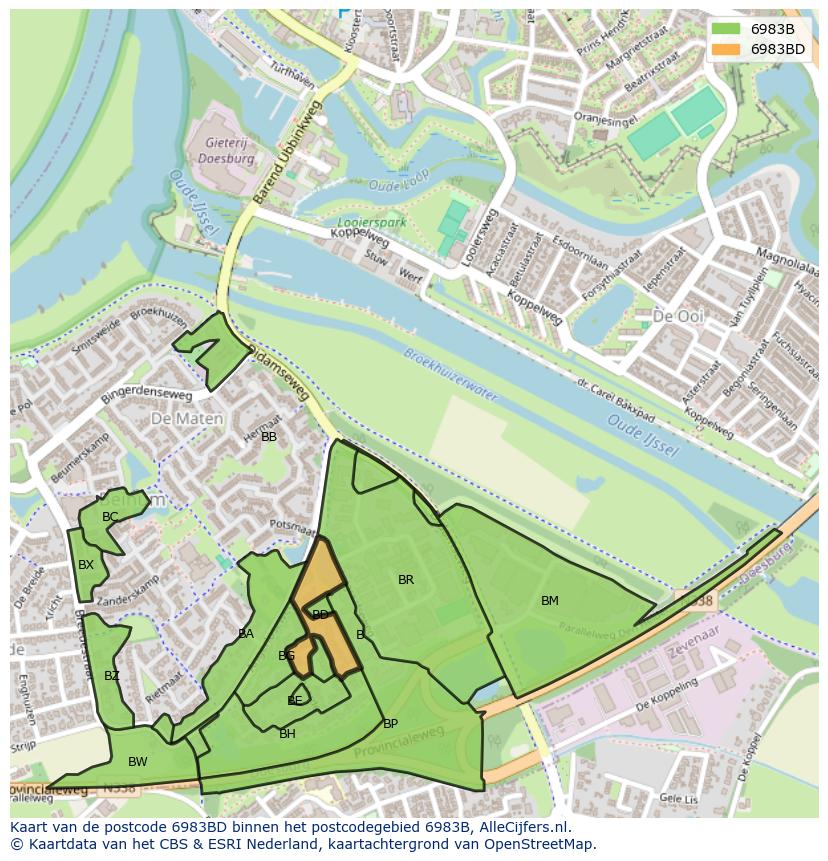 Afbeelding van het postcodegebied 6983 BD op de kaart.