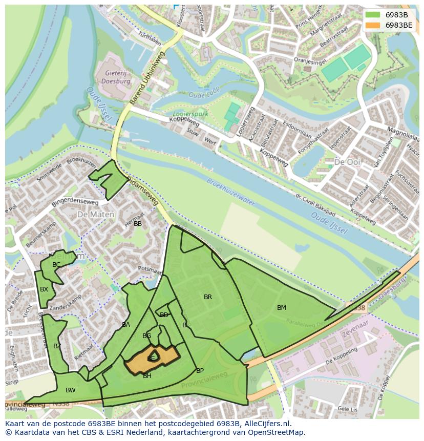 Afbeelding van het postcodegebied 6983 BE op de kaart.