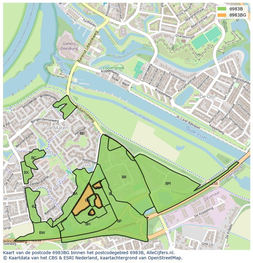 Afbeelding van het postcodegebied 6983 BG op de kaart.