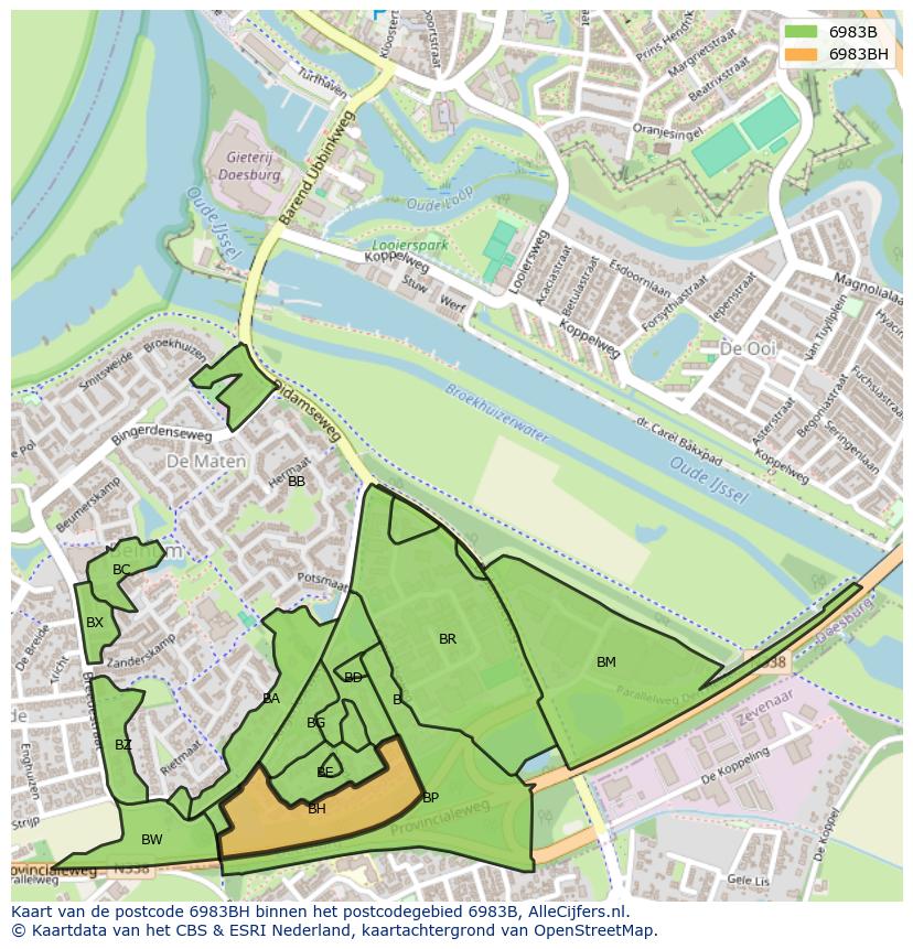 Afbeelding van het postcodegebied 6983 BH op de kaart.