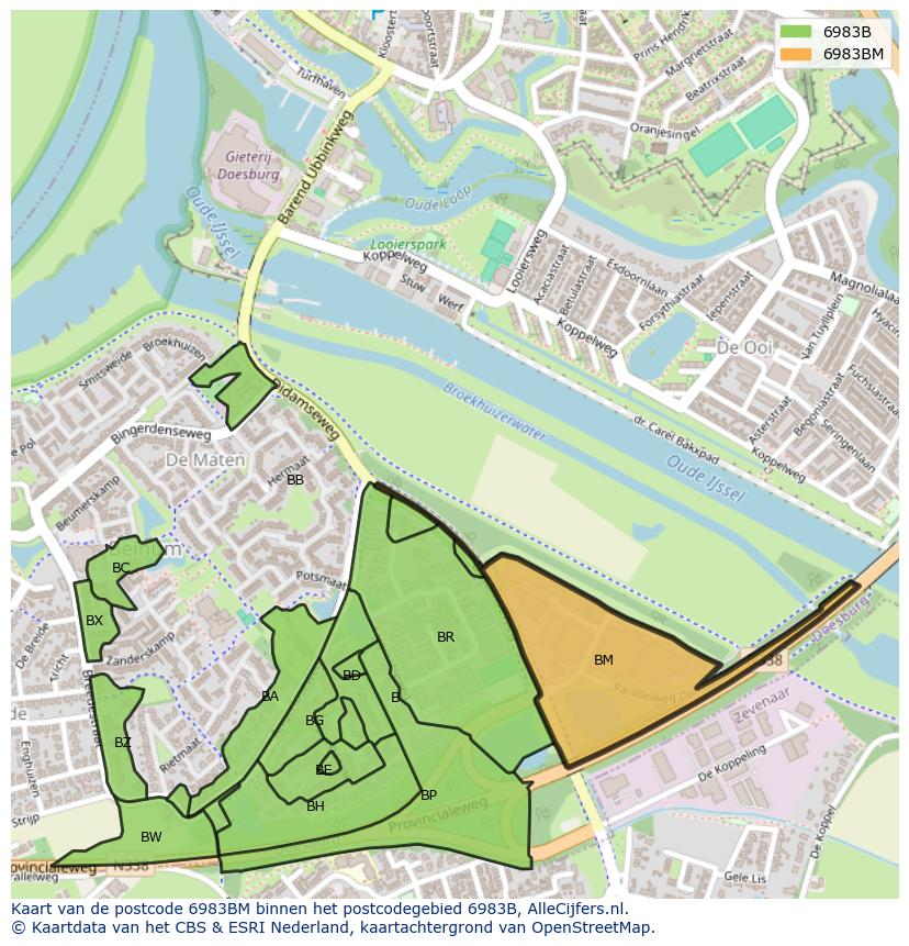 Afbeelding van het postcodegebied 6983 BM op de kaart.