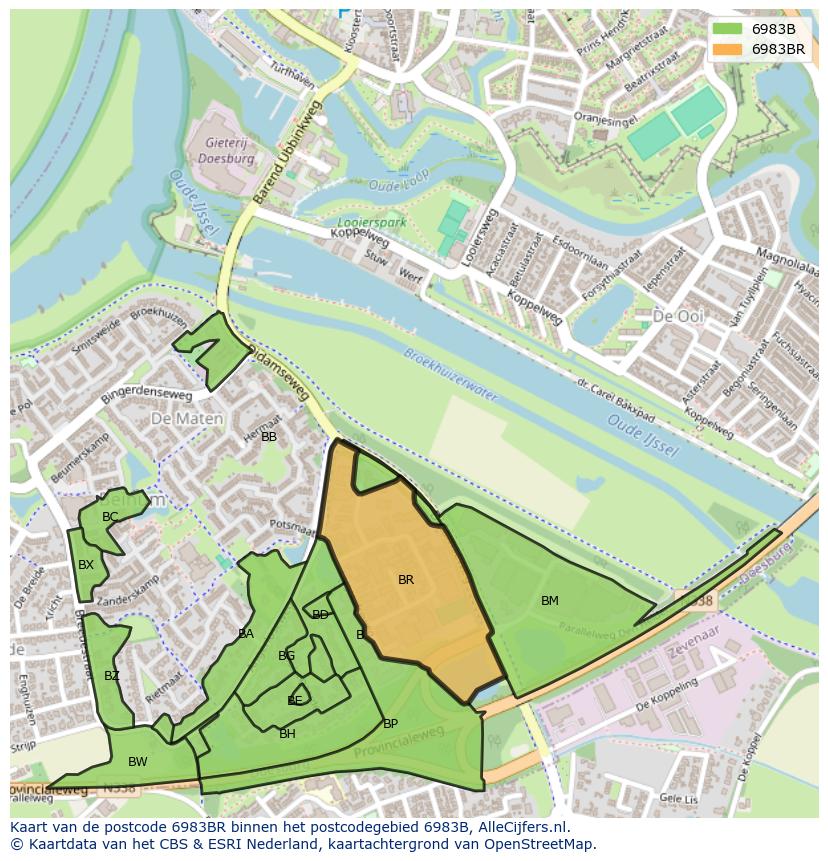 Afbeelding van het postcodegebied 6983 BR op de kaart.