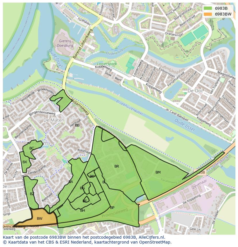 Afbeelding van het postcodegebied 6983 BW op de kaart.