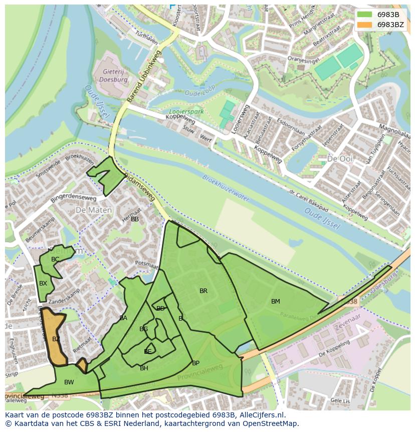 Afbeelding van het postcodegebied 6983 BZ op de kaart.