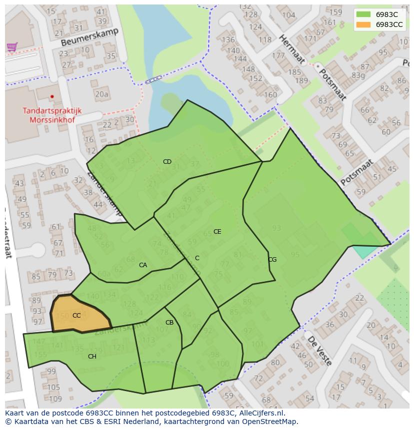 Afbeelding van het postcodegebied 6983 CC op de kaart.