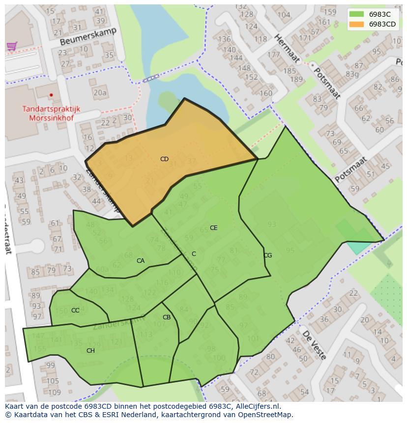Afbeelding van het postcodegebied 6983 CD op de kaart.