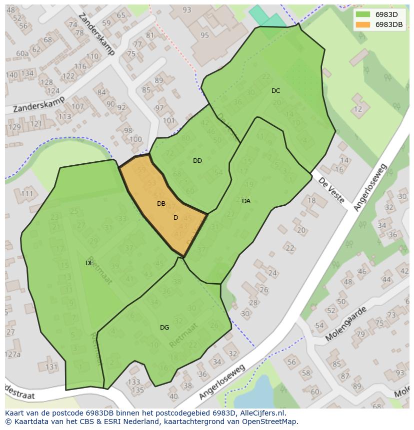 Afbeelding van het postcodegebied 6983 DB op de kaart.