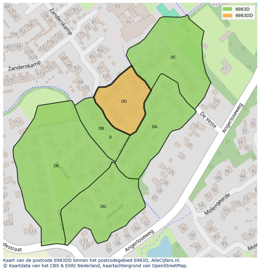 Afbeelding van het postcodegebied 6983 DD op de kaart.