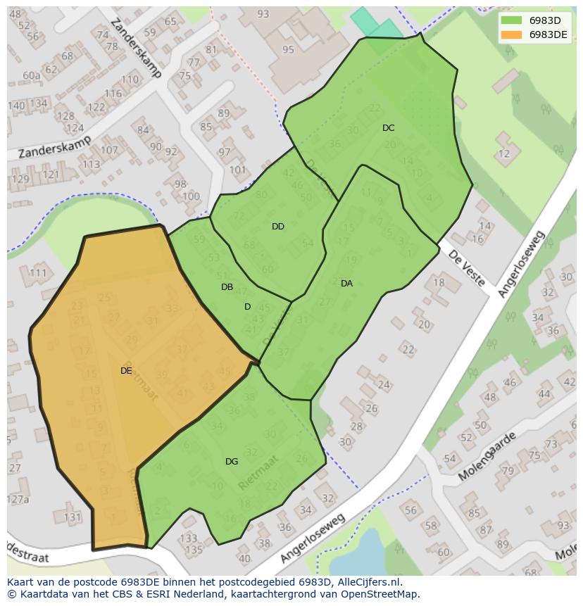 Afbeelding van het postcodegebied 6983 DE op de kaart.