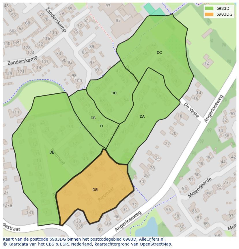Afbeelding van het postcodegebied 6983 DG op de kaart.