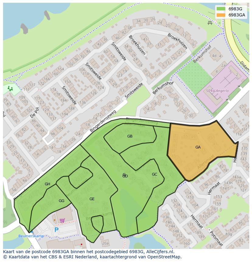 Afbeelding van het postcodegebied 6983 GA op de kaart.
