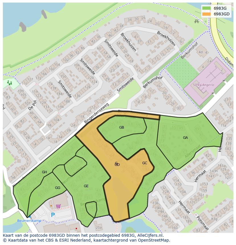 Afbeelding van het postcodegebied 6983 GD op de kaart.