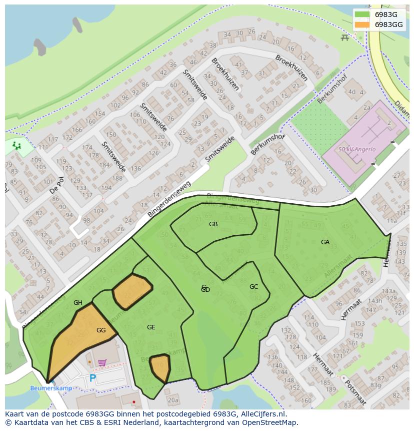 Afbeelding van het postcodegebied 6983 GG op de kaart.