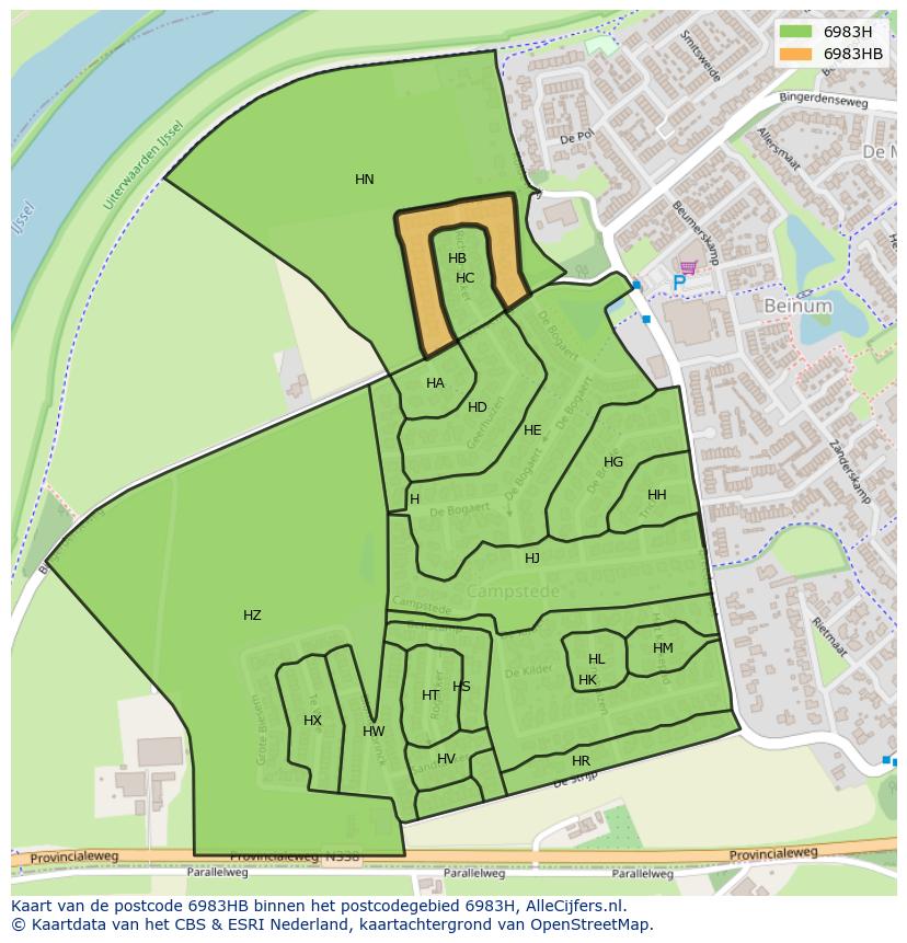 Afbeelding van het postcodegebied 6983 HB op de kaart.
