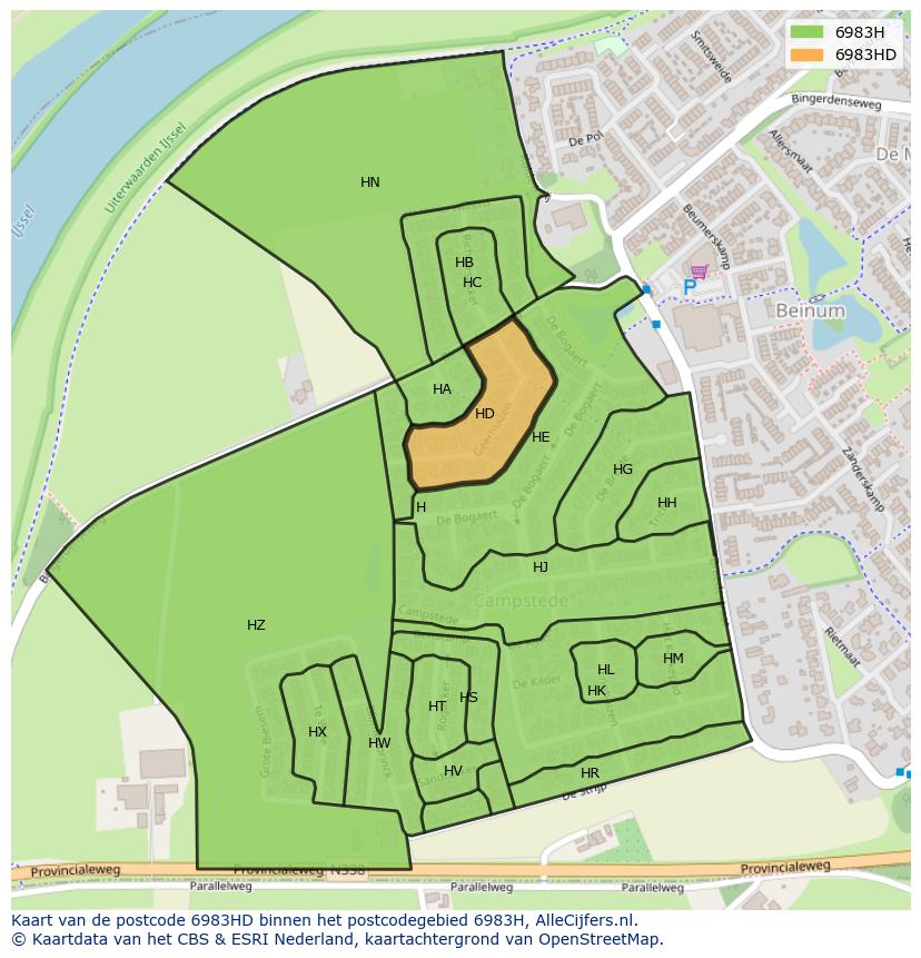 Afbeelding van het postcodegebied 6983 HD op de kaart.