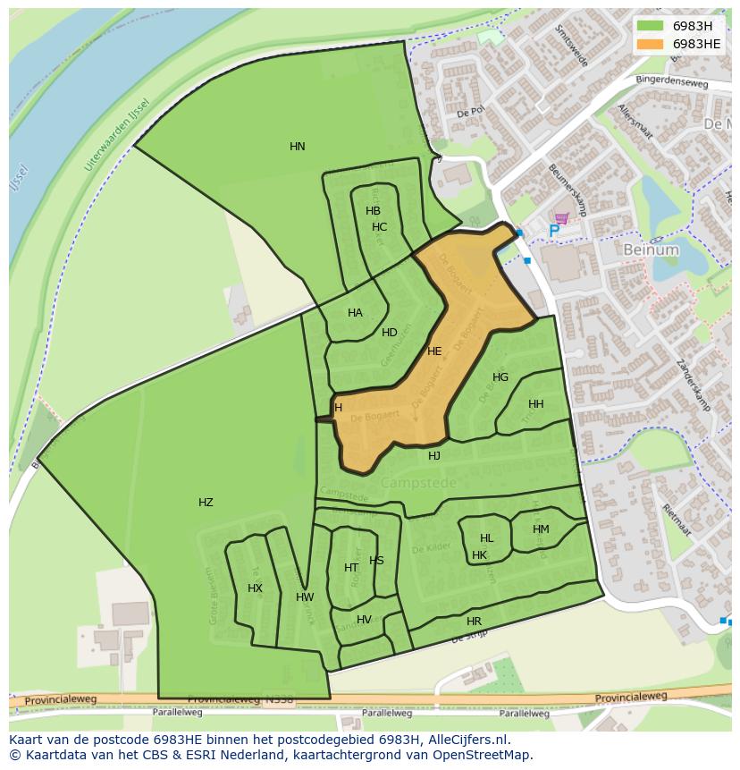 Afbeelding van het postcodegebied 6983 HE op de kaart.