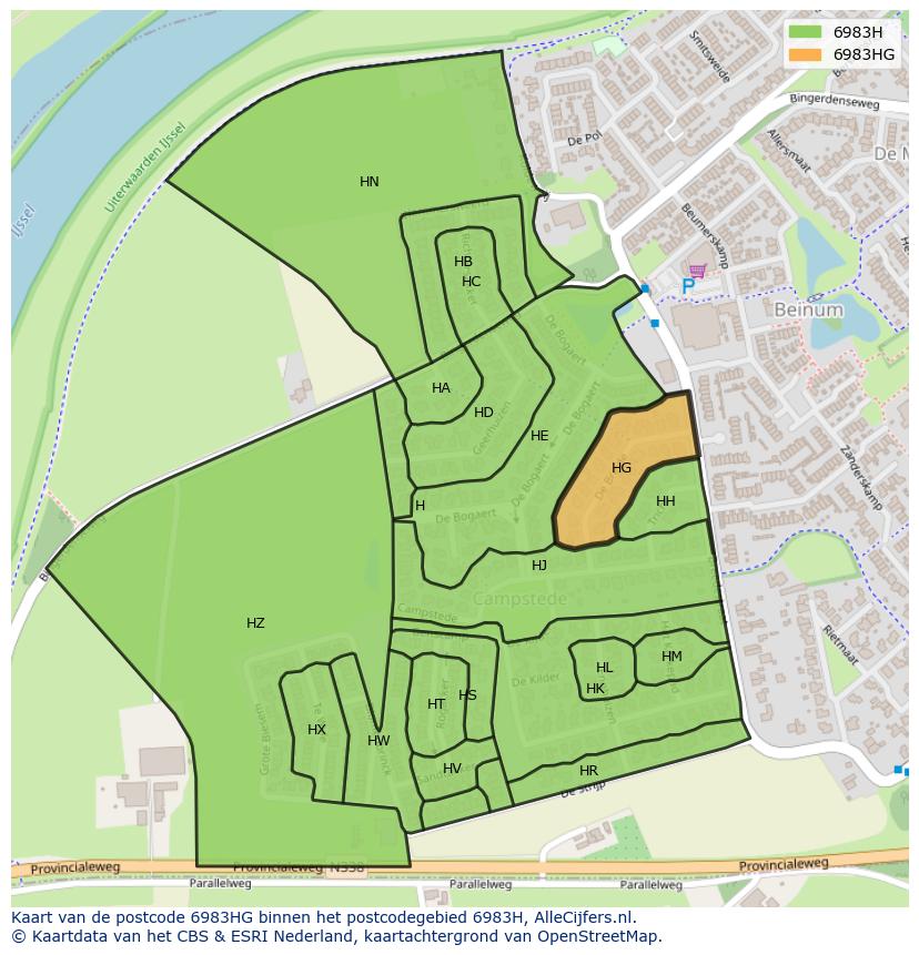 Afbeelding van het postcodegebied 6983 HG op de kaart.