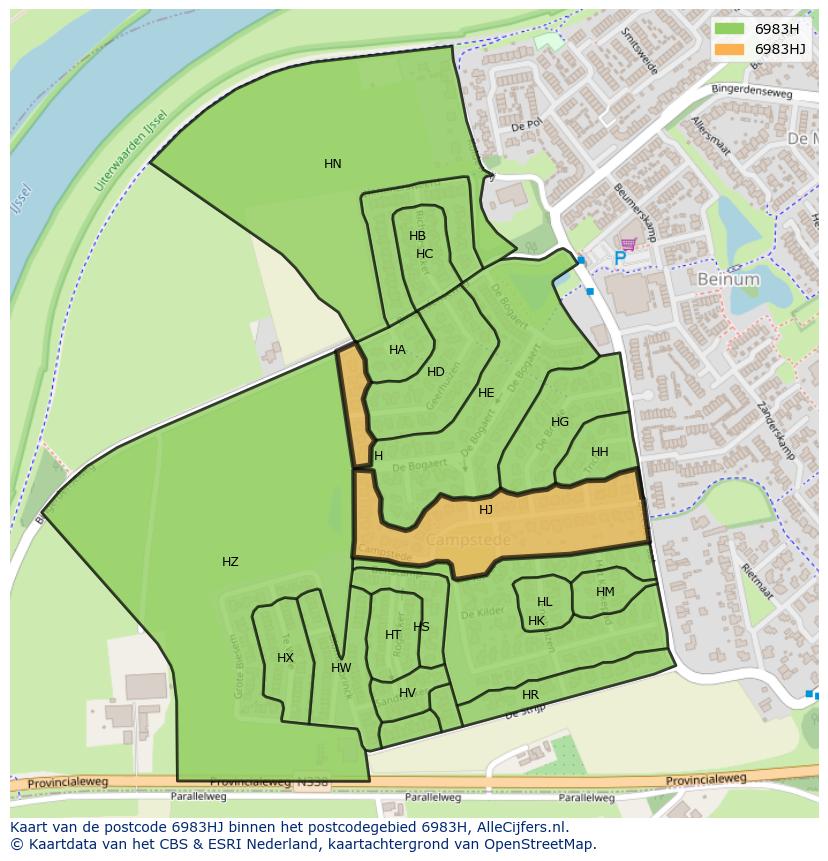 Afbeelding van het postcodegebied 6983 HJ op de kaart.