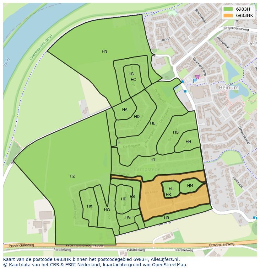 Afbeelding van het postcodegebied 6983 HK op de kaart.