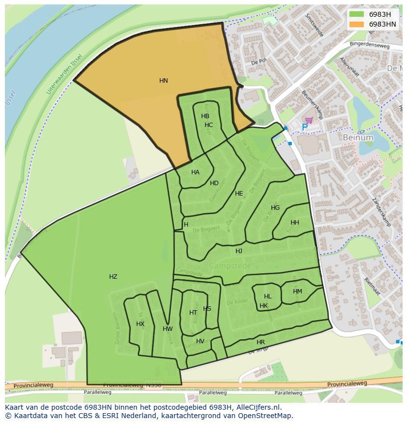 Afbeelding van het postcodegebied 6983 HN op de kaart.