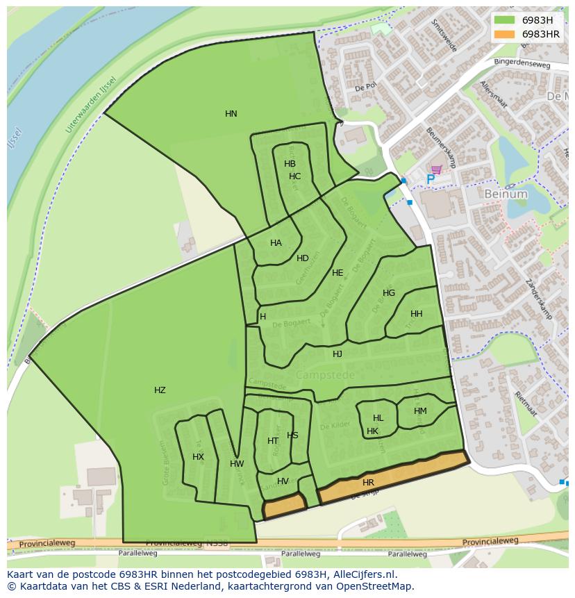 Afbeelding van het postcodegebied 6983 HR op de kaart.