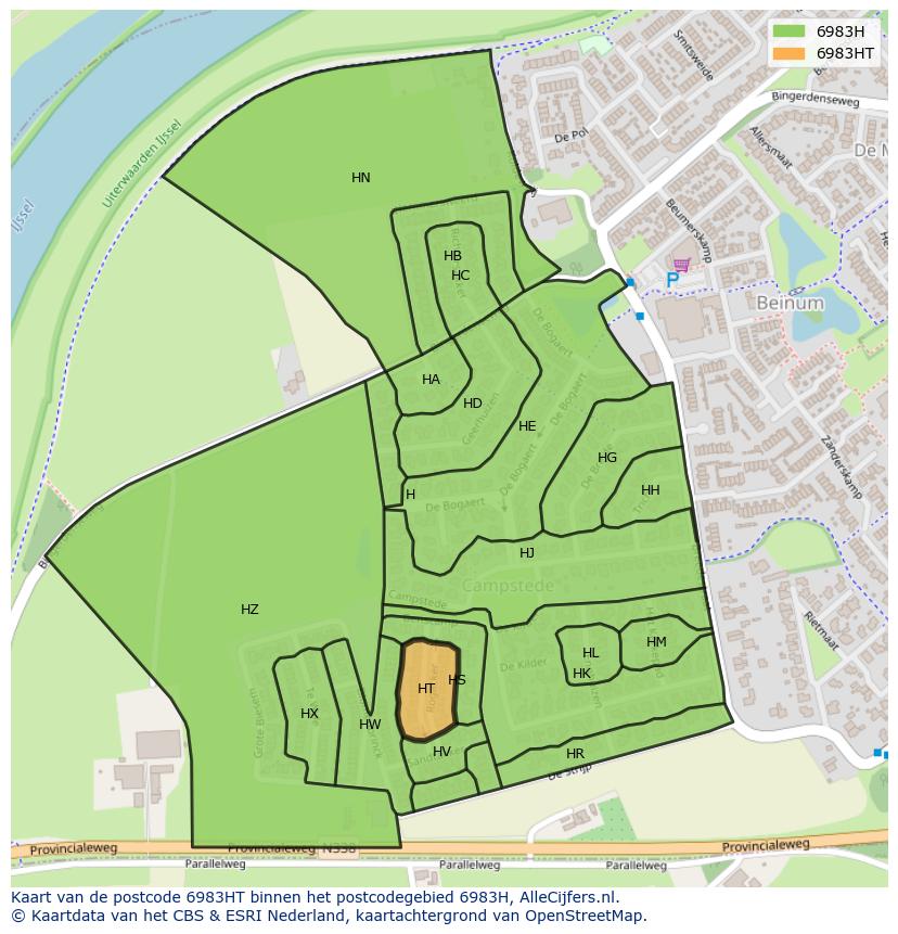 Afbeelding van het postcodegebied 6983 HT op de kaart.