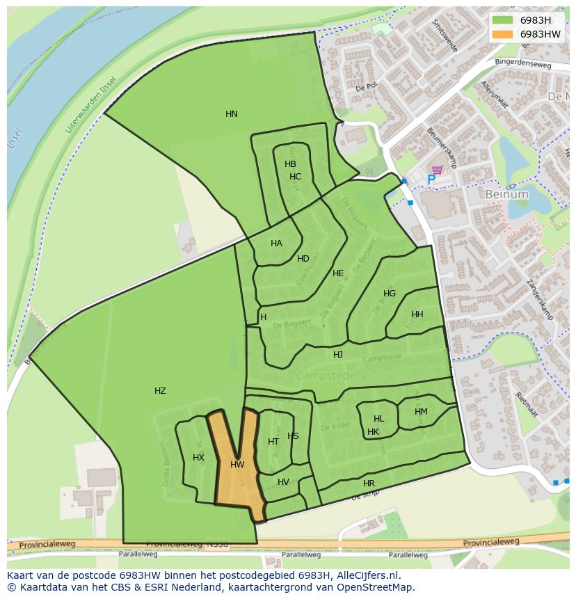 Afbeelding van het postcodegebied 6983 HW op de kaart.