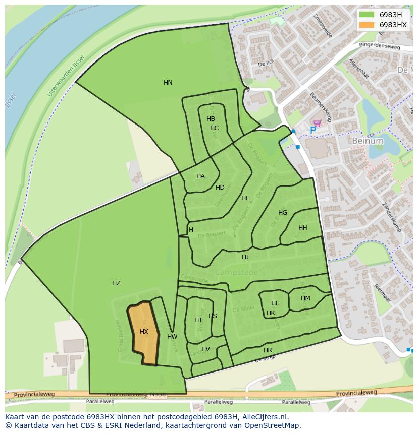 Afbeelding van het postcodegebied 6983 HX op de kaart.