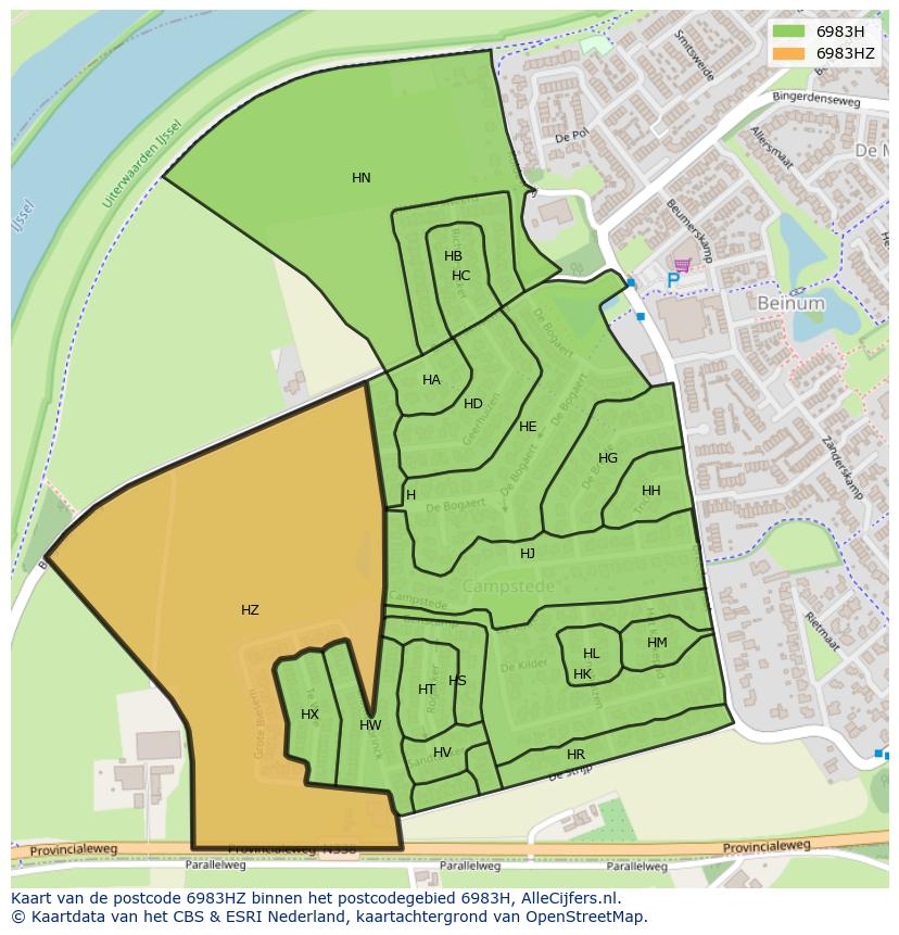 Afbeelding van het postcodegebied 6983 HZ op de kaart.