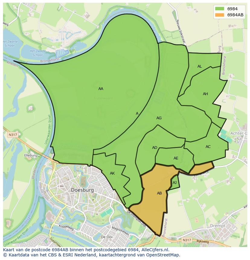 Afbeelding van het postcodegebied 6984 AB op de kaart.