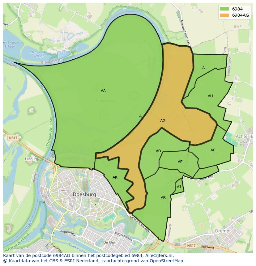 Afbeelding van het postcodegebied 6984 AG op de kaart.