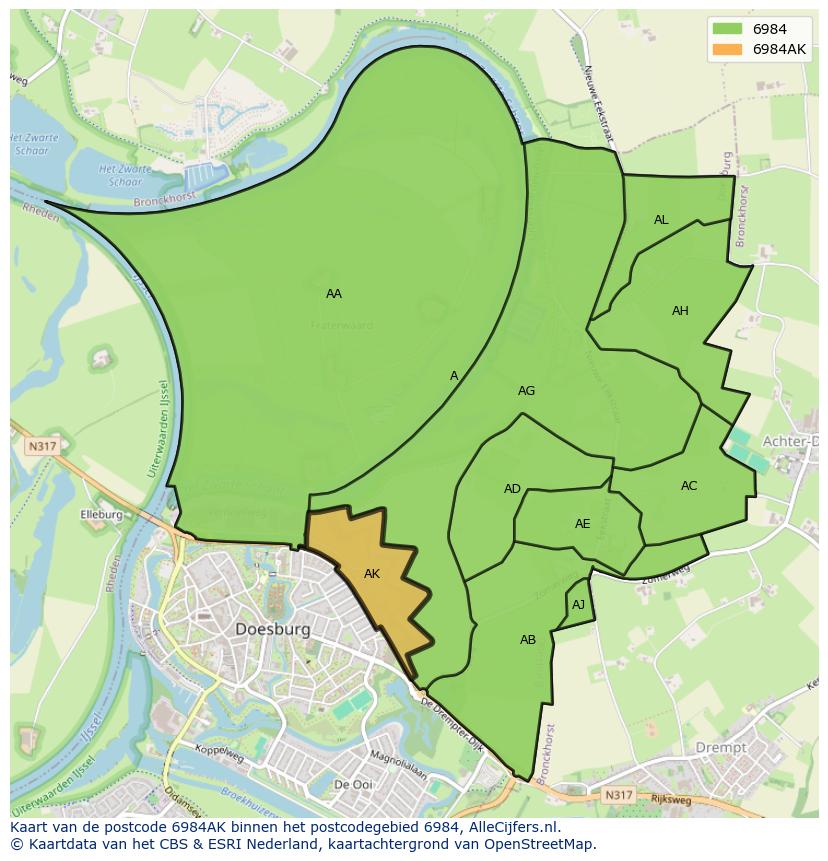 Afbeelding van het postcodegebied 6984 AK op de kaart.