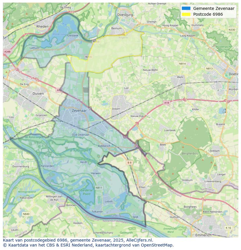 Afbeelding van het postcodegebied 6986 op de kaart.