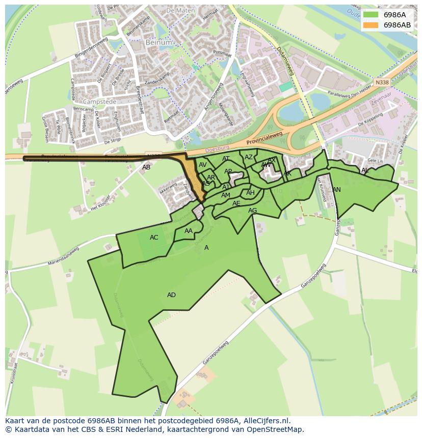 Afbeelding van het postcodegebied 6986 AB op de kaart.