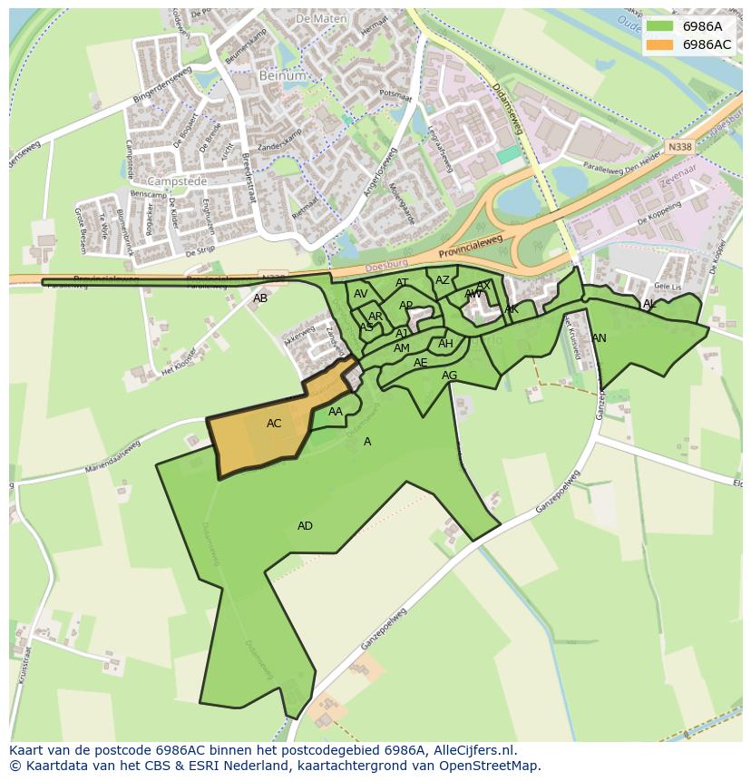 Afbeelding van het postcodegebied 6986 AC op de kaart.