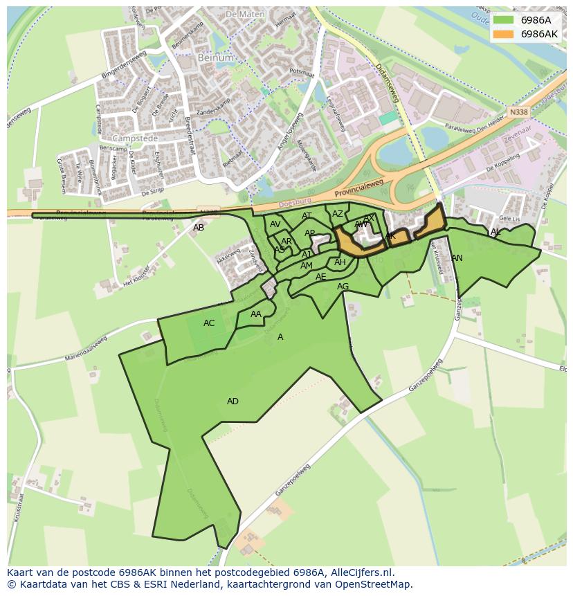 Afbeelding van het postcodegebied 6986 AK op de kaart.