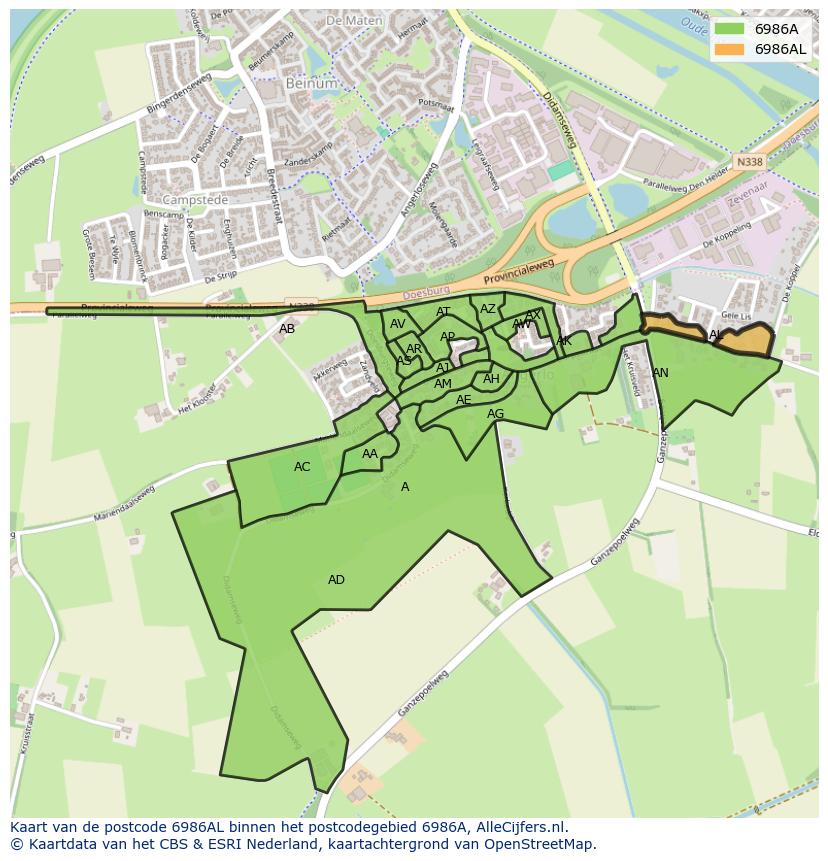 Afbeelding van het postcodegebied 6986 AL op de kaart.