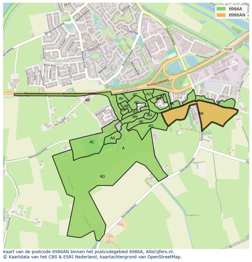 Afbeelding van het postcodegebied 6986 AN op de kaart.
