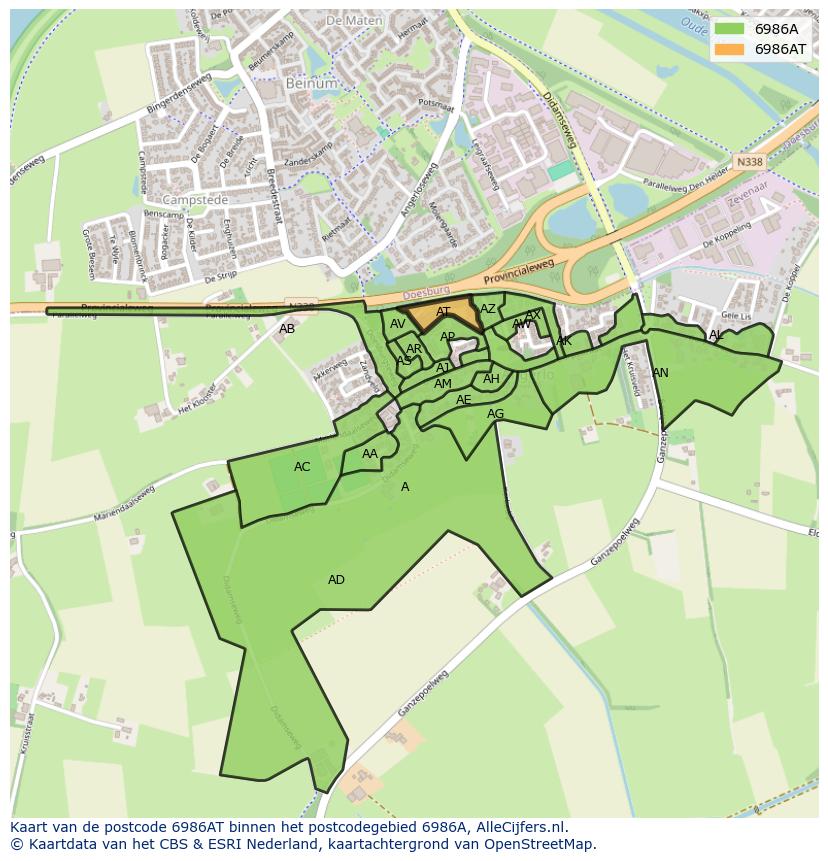 Afbeelding van het postcodegebied 6986 AT op de kaart.