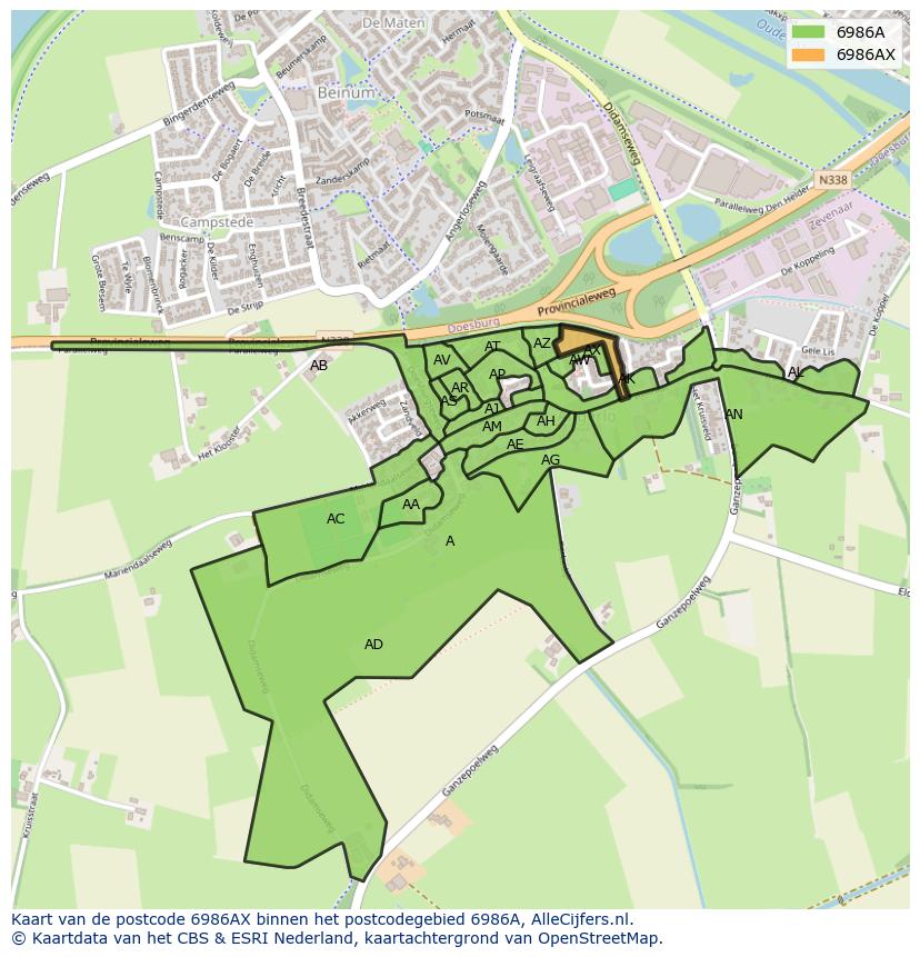 Afbeelding van het postcodegebied 6986 AX op de kaart.