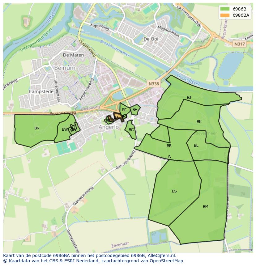 Afbeelding van het postcodegebied 6986 BA op de kaart.