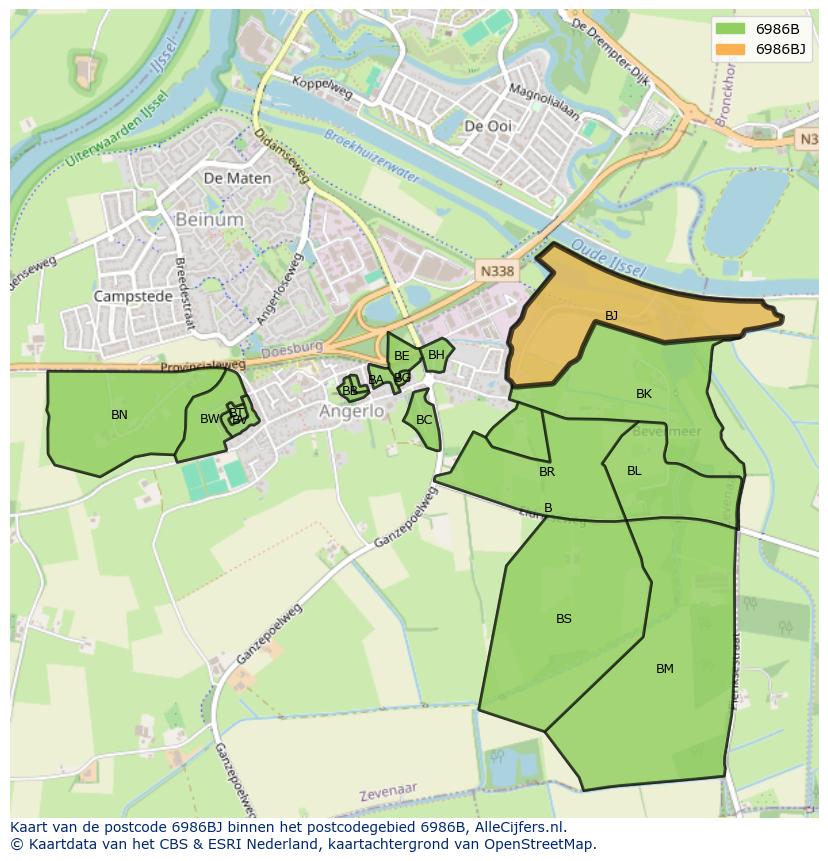 Afbeelding van het postcodegebied 6986 BJ op de kaart.