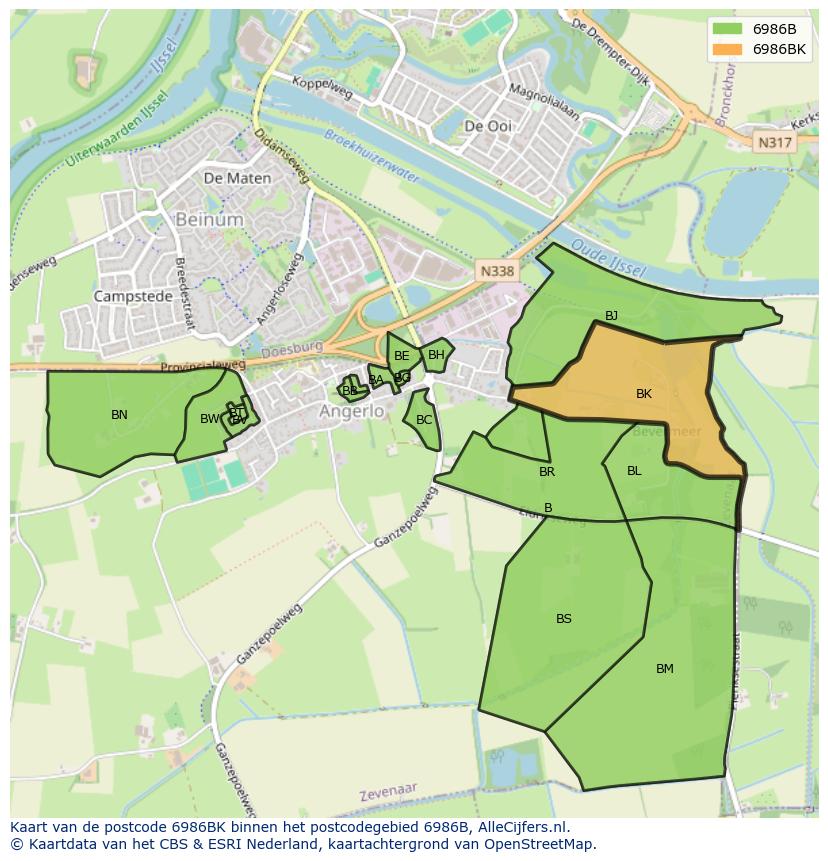 Afbeelding van het postcodegebied 6986 BK op de kaart.