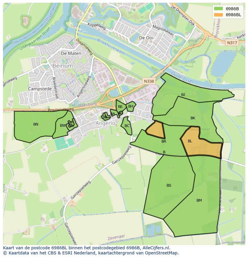 Afbeelding van het postcodegebied 6986 BL op de kaart.