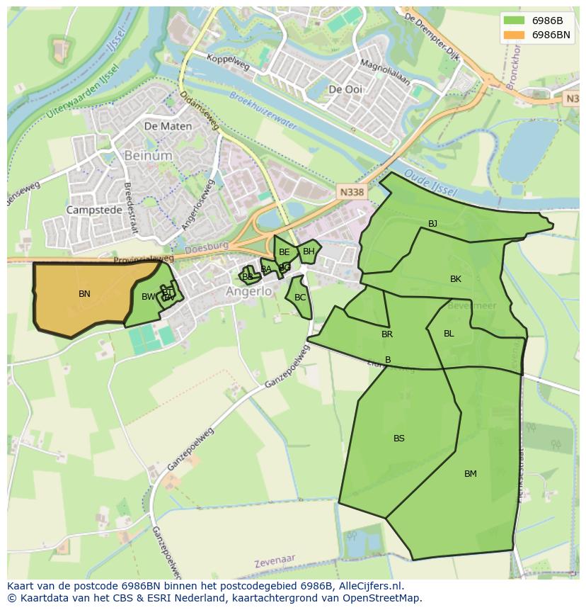 Afbeelding van het postcodegebied 6986 BN op de kaart.