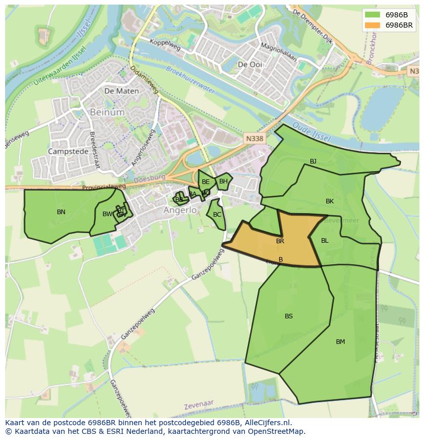 Afbeelding van het postcodegebied 6986 BR op de kaart.