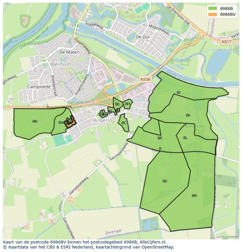 Afbeelding van het postcodegebied 6986 BV op de kaart.