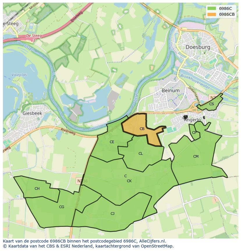 Afbeelding van het postcodegebied 6986 CB op de kaart.