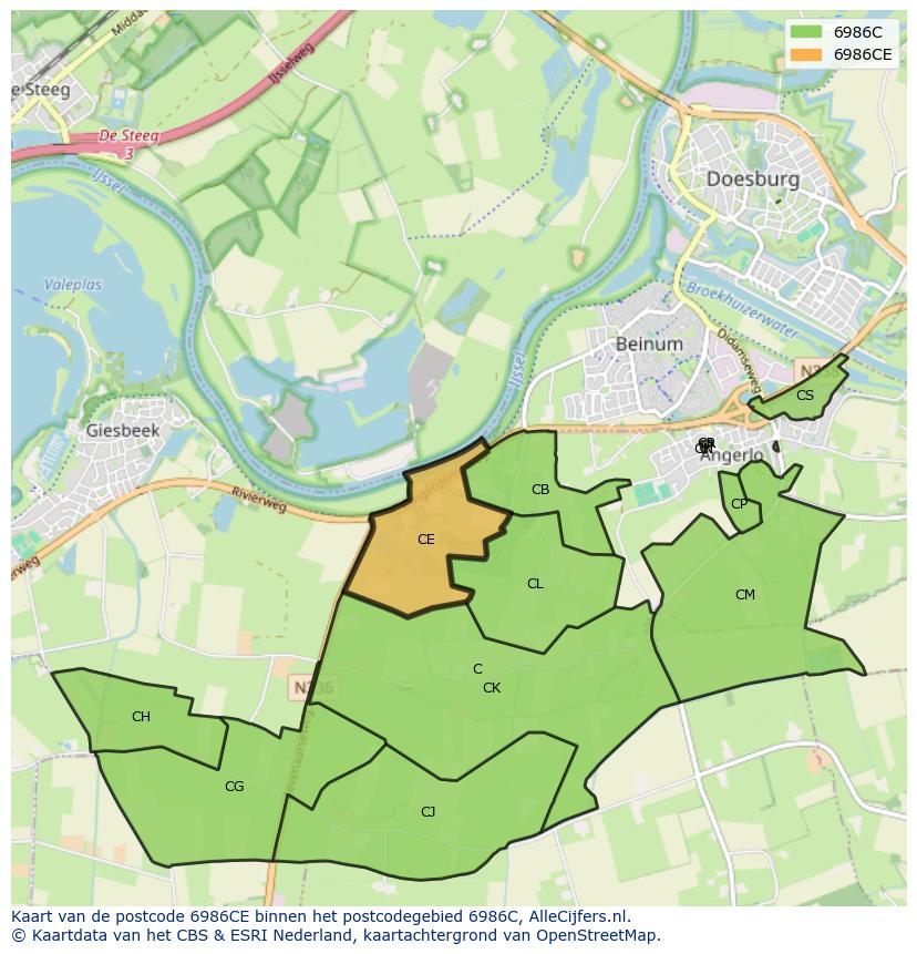 Afbeelding van het postcodegebied 6986 CE op de kaart.